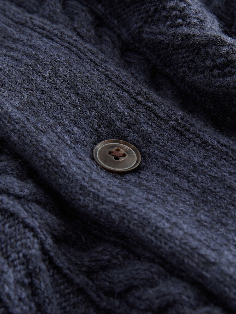 Navy Blue Texture Regular Fit Shawl Cable Knit Cardigan with Wool - Image 7 of 7