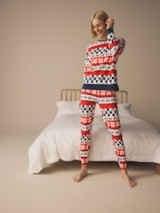Red/Navy Blue Matching Family Womens Christmas Fairisle Pattern 100% Cotton Pyjamas - Image 1 of 8