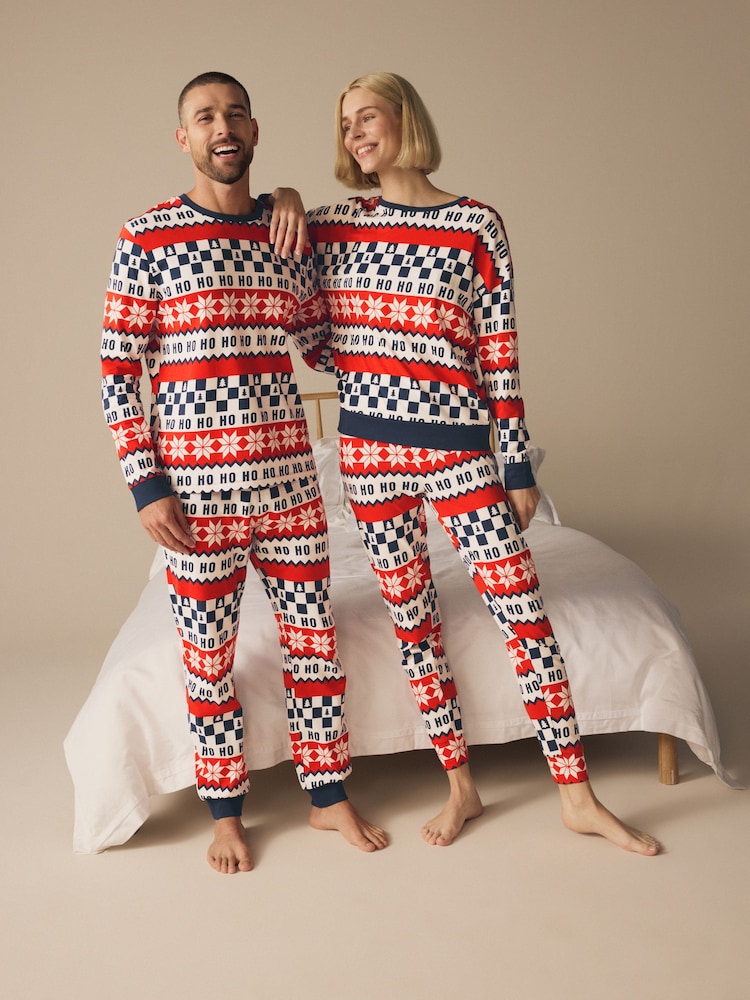 Red/Navy Blue Matching Family Womens Christmas Fairisle Pattern 100% Cotton Pyjamas - Image 2 of 8