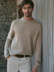 Neutral Relaxed Fit Textured Crew Jumper with Wool - Image 1 of 8