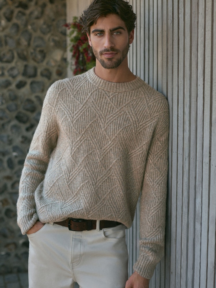 Neutral Relaxed Fit Textured Crew Jumper with Wool - Image 1 of 8