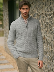 Grey Cable Relaxed Fit Premium Soft Touch Quarter Zip Jumper with Wool - Image 1 of 7