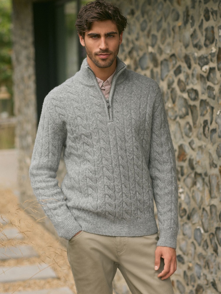 Grey Cable Relaxed Fit Premium Soft Touch Quarter Zip Jumper with Wool - Image 1 of 7