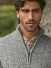 Grey Cable Relaxed Fit Premium Soft Touch Quarter Zip Jumper with Wool - Image 4 of 7