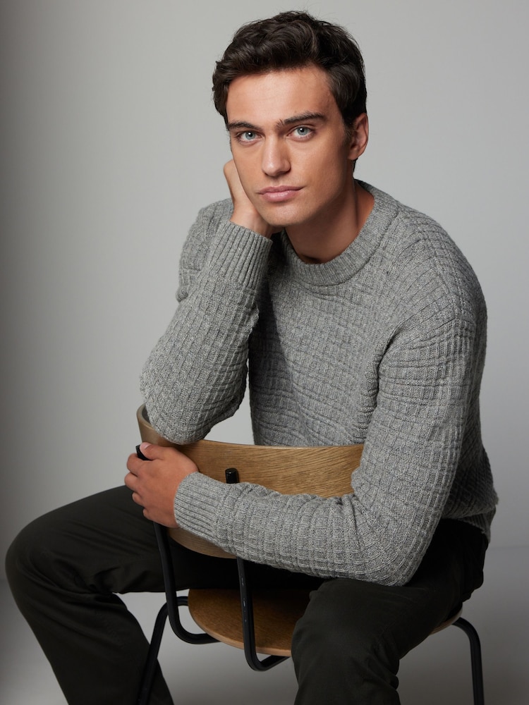 Grey Regular Fit Lambswool Rich Textured Crew Jumper - Image 2 of 7