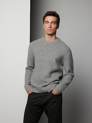 Grey Regular Fit Lambswool Rich Textured Crew Jumper - Image 3 of 7