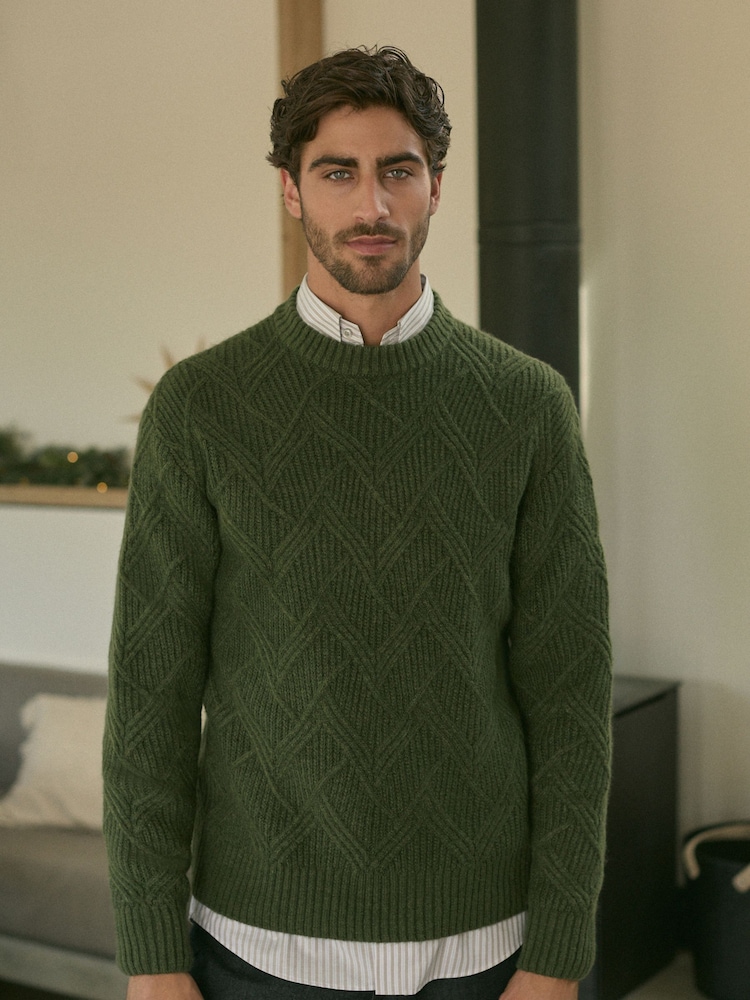 Green Relaxed Fit Textured Crew Jumper with Wool - Image 1 of 8