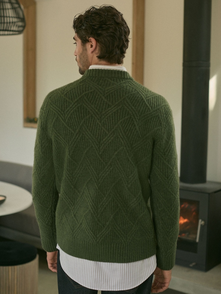 Green Relaxed Fit Textured Crew Jumper with Wool - Image 2 of 8