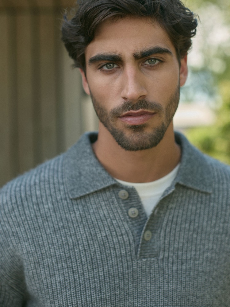 Charcoal Grey Relaxed Fit Rib Texture Polo Neck Jumper with Wool - Image 1 of 8