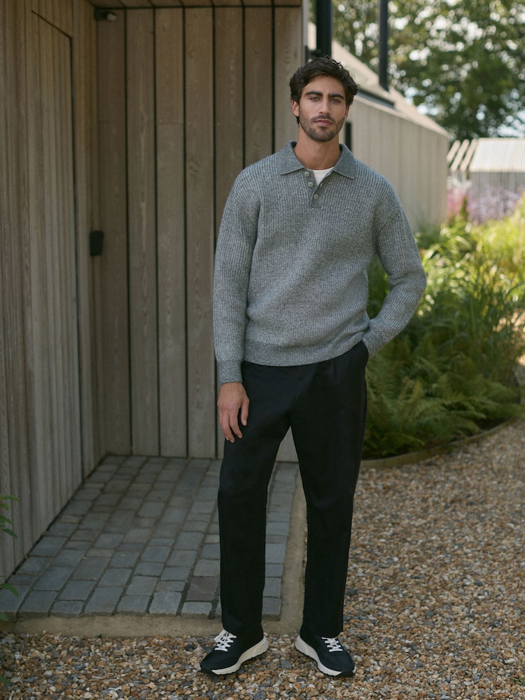 Charcoal Grey Relaxed Fit Rib Texture Polo Neck Jumper with Wool - Image 2 of 8
