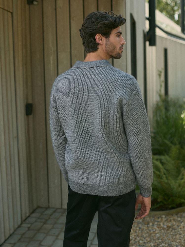Charcoal Grey Relaxed Fit Rib Texture Polo Neck Jumper with Wool - Image 3 of 8