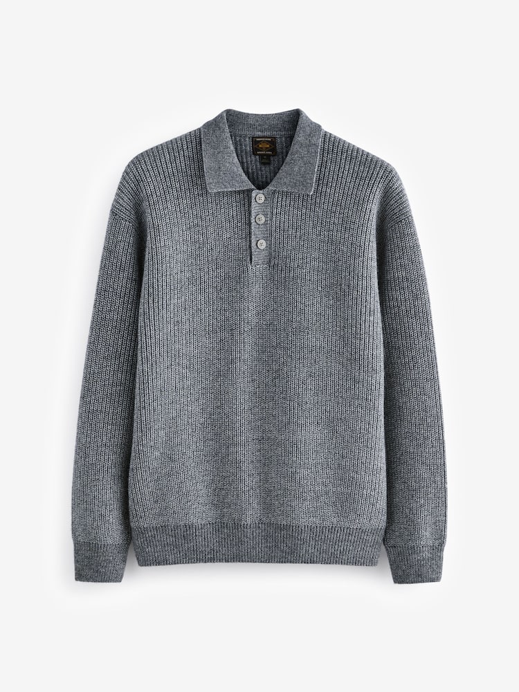 Charcoal Grey Relaxed Fit Rib Texture Polo Neck Jumper with Wool - Image 6 of 8