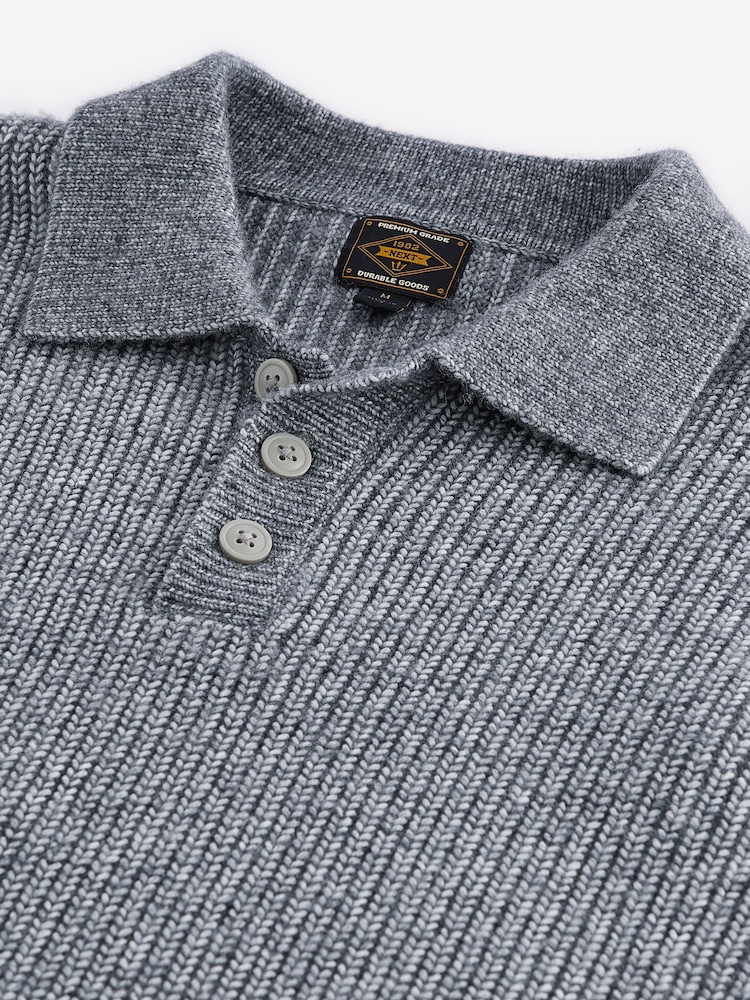 Charcoal Grey Relaxed Fit Rib Texture Polo Neck Jumper with Wool - Image 8 of 8
