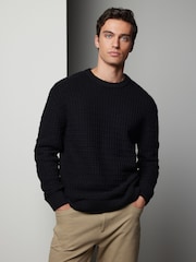 Black Regular Fit Lambswool Rich Textured Crew Jumper - Image 1 of 7
