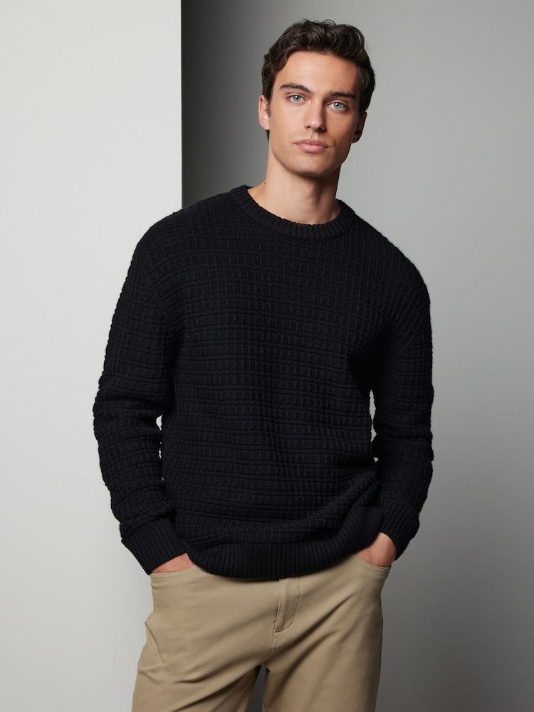 Black Regular Fit Lambswool Rich Textured Crew Jumper - Image 1 of 7