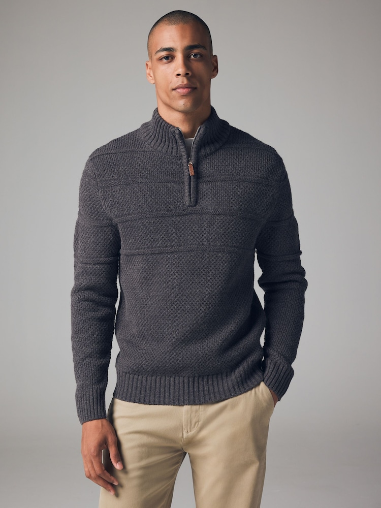 Grey Regular Fit Textured Zip Neck Jumper with Wool - Image 1 of 8