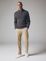 Grey Regular Fit Textured Zip Neck Jumper with Wool - Image 2 of 8
