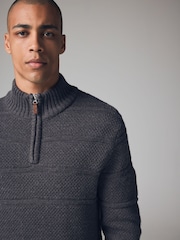 Grey Regular Fit Textured Zip Neck Jumper with Wool - Image 4 of 8