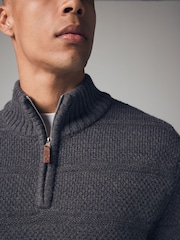 Grey Regular Fit Textured Zip Neck Jumper with Wool - Image 5 of 8