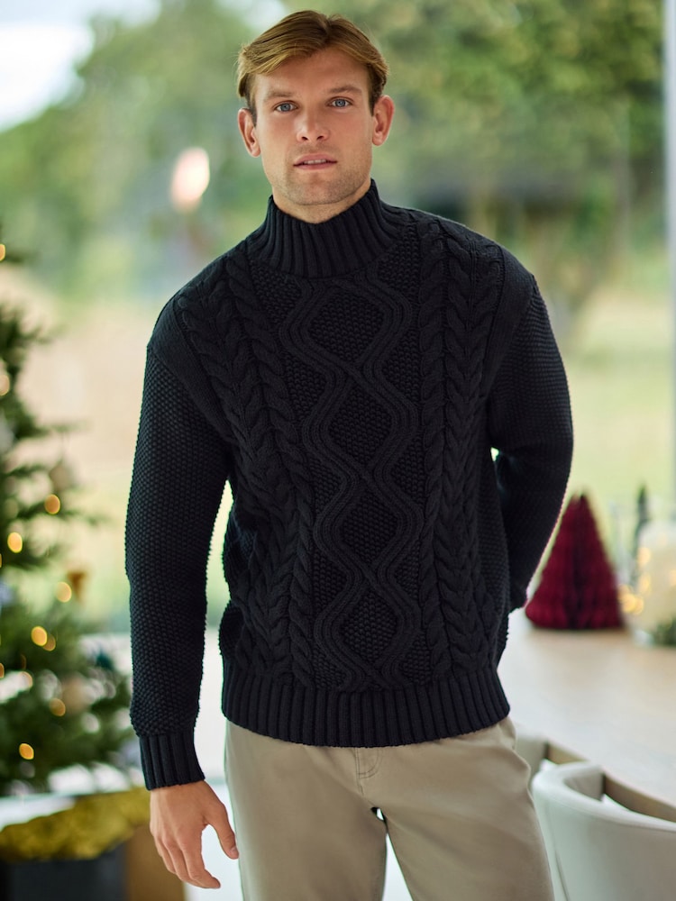 Cable Knit High Neck Black Knit Jumper Chunky Cable Knit Jumper