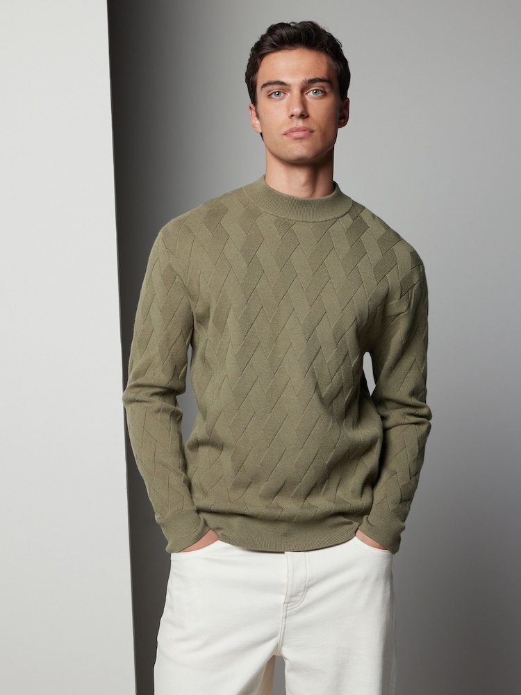 Green Regular Fit Soft Touch Premium Knitted Texture Crew Jumper - Image 1 of 7