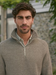 Neutral Relaxed Fit Textured Quarter Zip Neck Jumper with Wool - Image 1 of 9