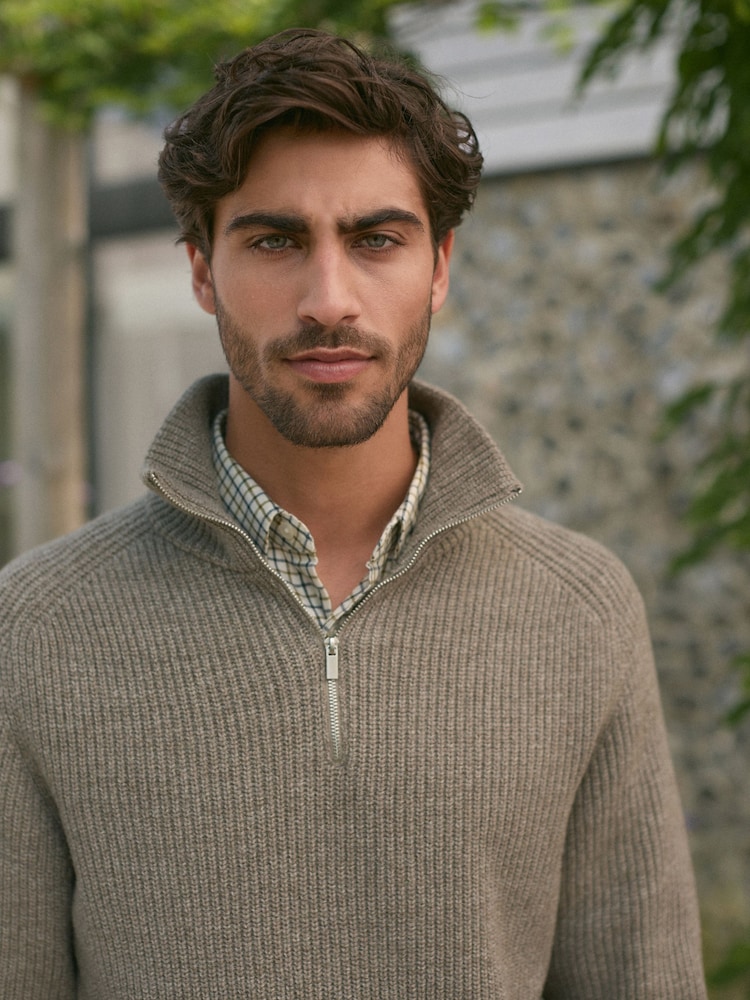 Neutral Relaxed Fit Textured Quarter Zip Neck Jumper with Wool - Image 1 of 9