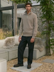 Neutral Relaxed Fit Textured Quarter Zip Neck Jumper with Wool - Image 2 of 9