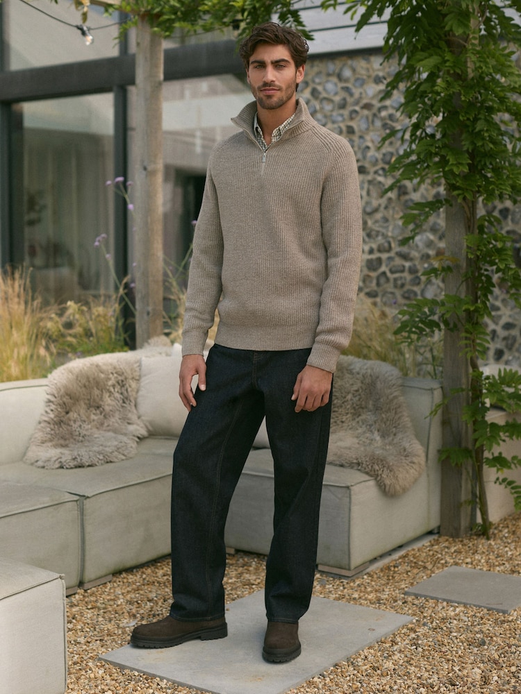 Neutral Relaxed Fit Textured Quarter Zip Neck Jumper with Wool - Image 2 of 9