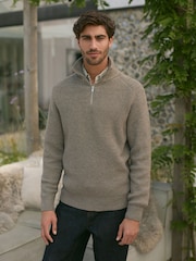 Neutral Relaxed Fit Textured Quarter Zip Neck Jumper with Wool - Image 3 of 9