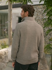 Neutral Relaxed Fit Textured Quarter Zip Neck Jumper with Wool - Image 4 of 9