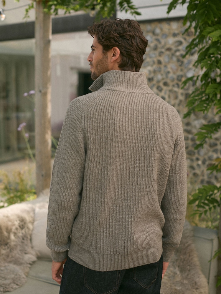 Neutral Relaxed Fit Textured Quarter Zip Neck Jumper with Wool - Image 4 of 9