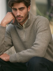 Neutral Relaxed Fit Textured Quarter Zip Neck Jumper with Wool - Image 5 of 9