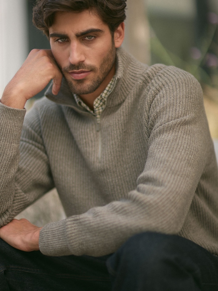 Neutral Relaxed Fit Textured Quarter Zip Neck Jumper with Wool - Image 5 of 9