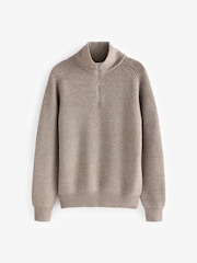 Neutral Relaxed Fit Textured Quarter Zip Neck Jumper with Wool - Image 6 of 9