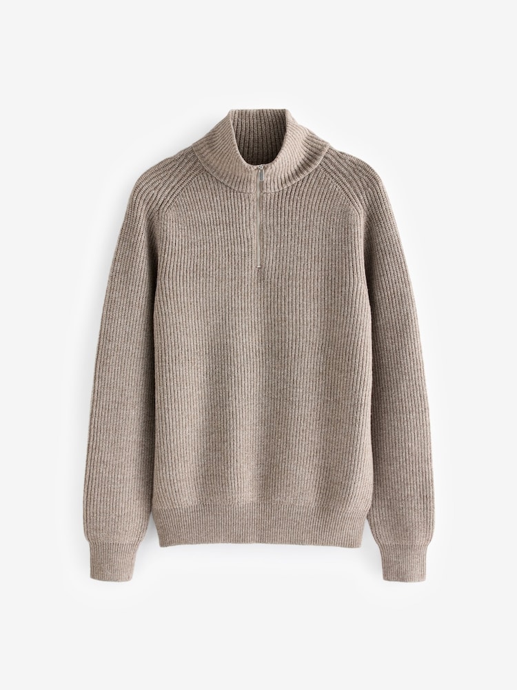 Neutral Relaxed Fit Textured Quarter Zip Neck Jumper with Wool - Image 6 of 9