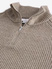 Neutral Relaxed Fit Textured Quarter Zip Neck Jumper with Wool - Image 8 of 9