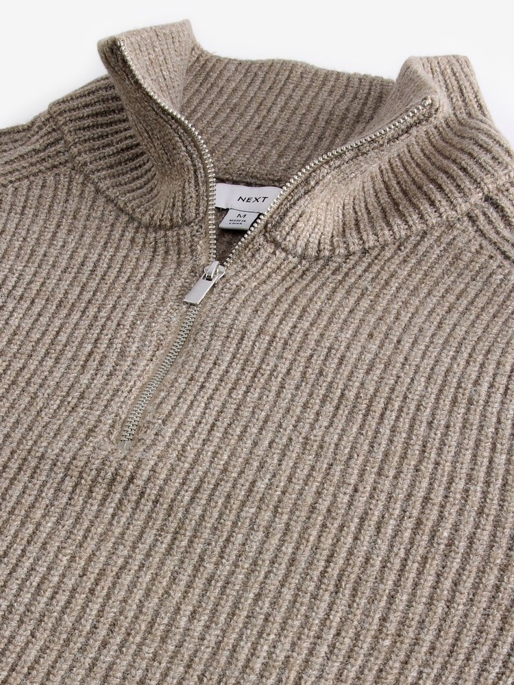 Neutral Relaxed Fit Textured Quarter Zip Neck Jumper with Wool - Image 8 of 9
