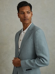 Reiss Aqua Blue Kin Single-Breasted Linen Suit Blazer Slim Fit - Image 1 of 6