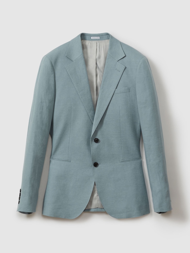 Reiss Aqua Blue Kin Single-Breasted Linen Suit Blazer Slim Fit - Image 2 of 6