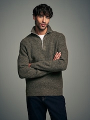 Green Relaxed Fit Textured Quarter Zip Neck Jumper with Wool - Image 1 of 7