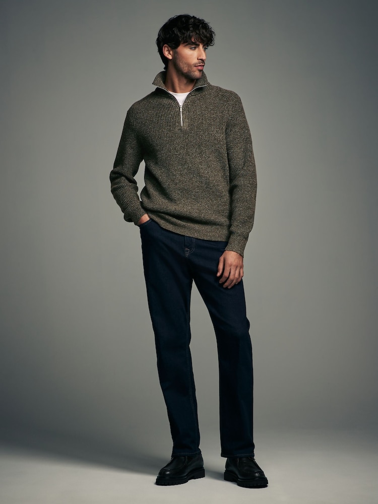 Green Relaxed Fit Textured Quarter Zip Neck Jumper with Wool - Image 3 of 7