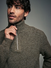 Green Relaxed Fit Textured Quarter Zip Neck Jumper with Wool - Image 4 of 7