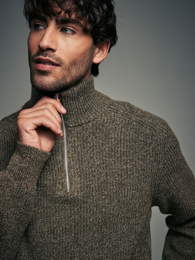 Green Relaxed Fit Textured Quarter Zip Neck Jumper with Wool - Image 4 of 7