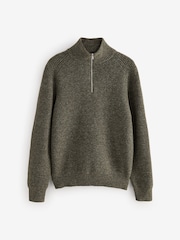Green Relaxed Fit Textured Quarter Zip Neck Jumper with Wool - Image 5 of 7