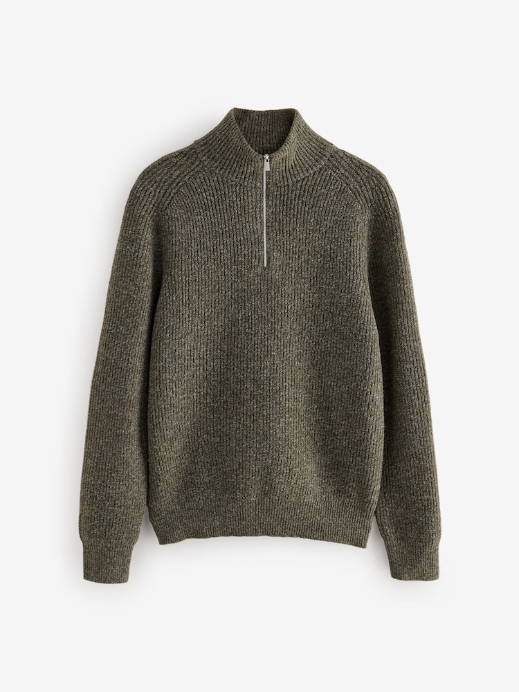 Green Relaxed Fit Textured Quarter Zip Neck Jumper with Wool - Image 5 of 7