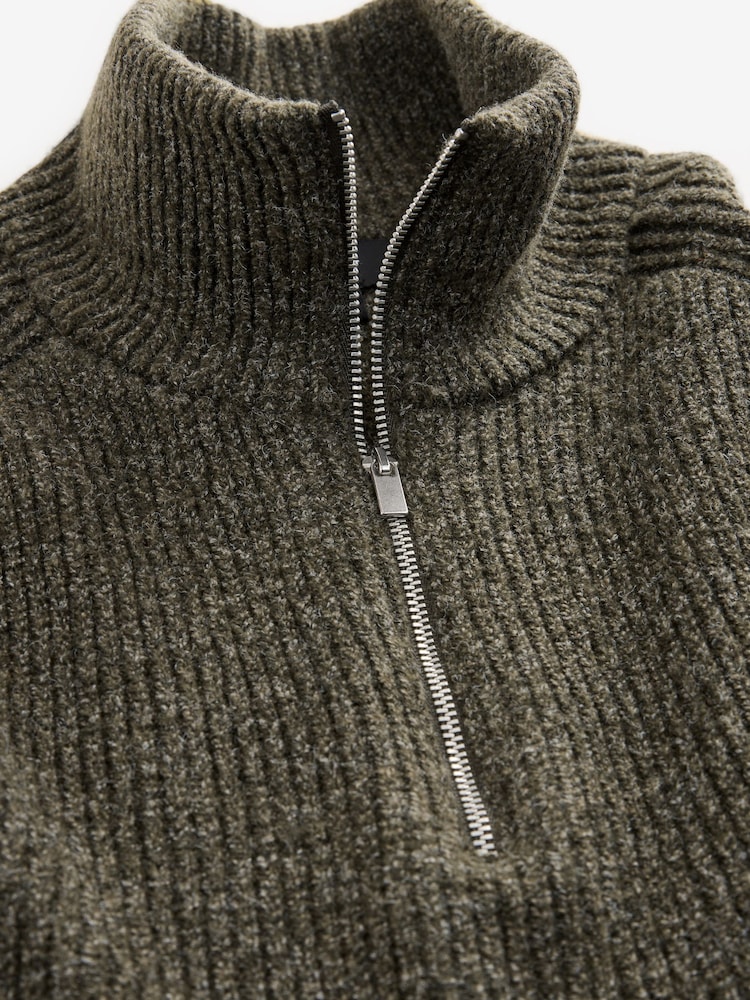 Green Relaxed Fit Textured Quarter Zip Neck Jumper with Wool - Image 6 of 7
