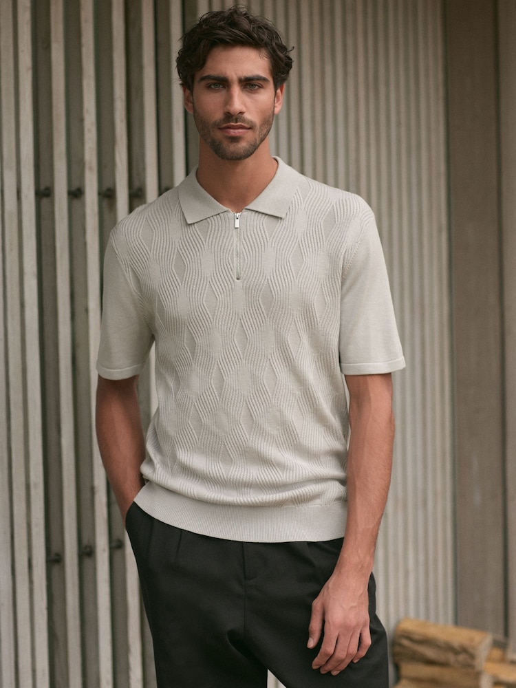 رمادي ثلجي - Regular Fit Textured Knit Quarter Zip Polo Shirt - صورة 1 من 8