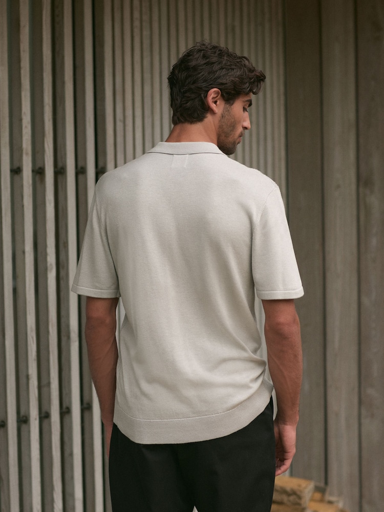 Ice Grey Regular Fit Textured Knit Quarter Zip Polo Shirt - Image 4 of 8