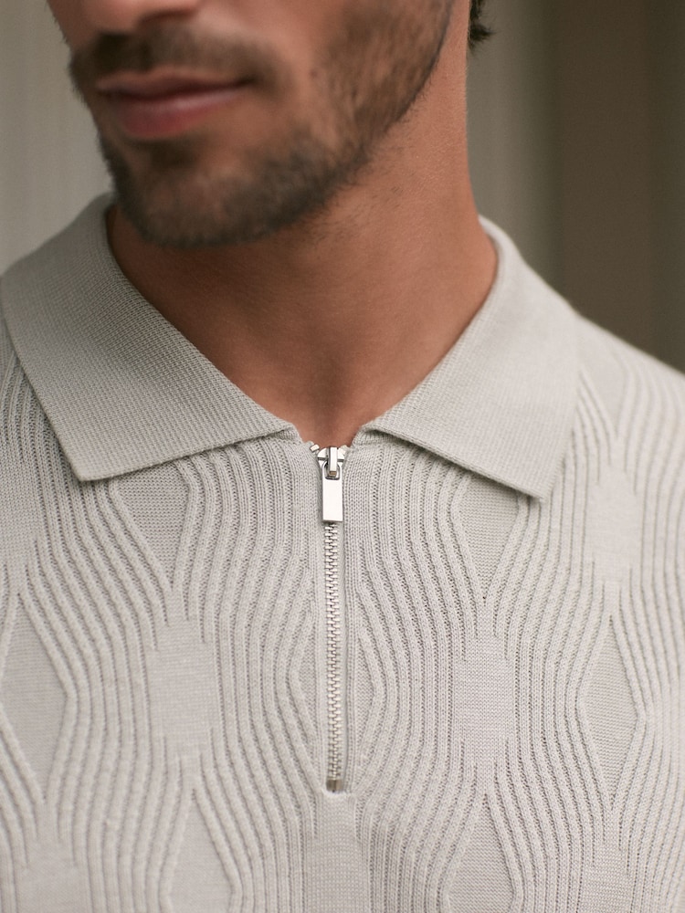 Ice Grey Regular Fit Textured Knit Quarter Zip Polo Shirt - Image 5 of 8